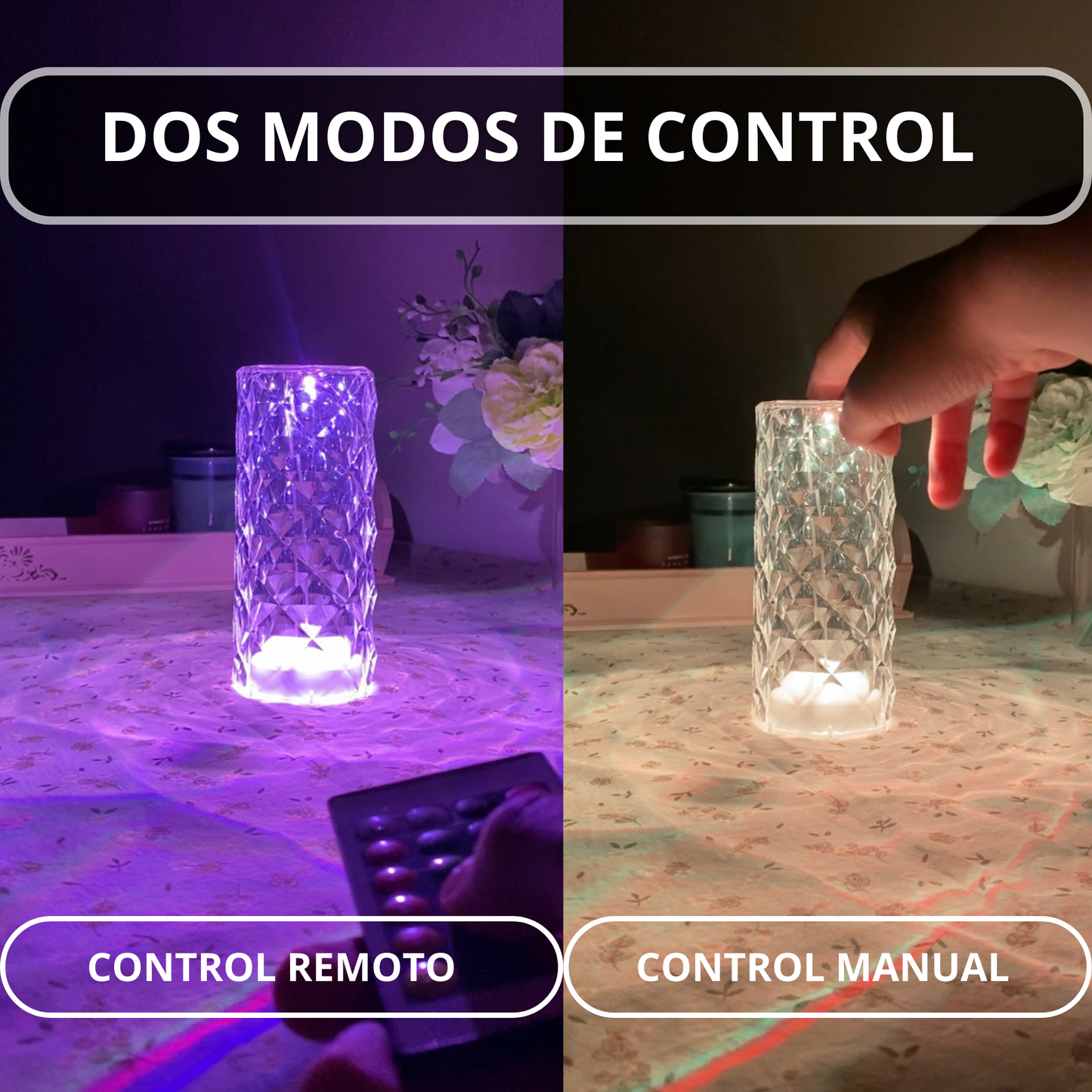 Lampara led de cristal acrílico con proyección de rosa y 16 colores