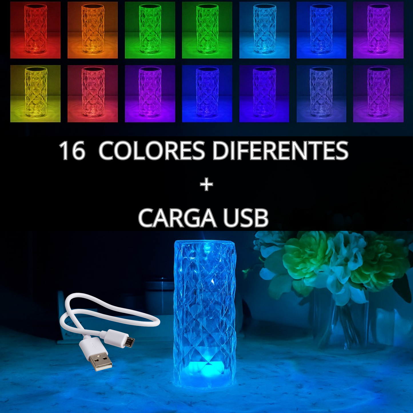Lampara led de cristal acrílico con proyección de rosa y 16 colores