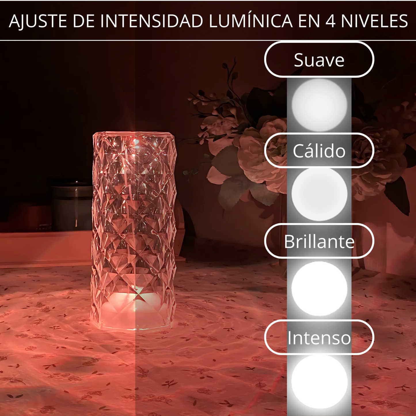 Lampara led de cristal acrílico con proyección de rosa y 16 colores