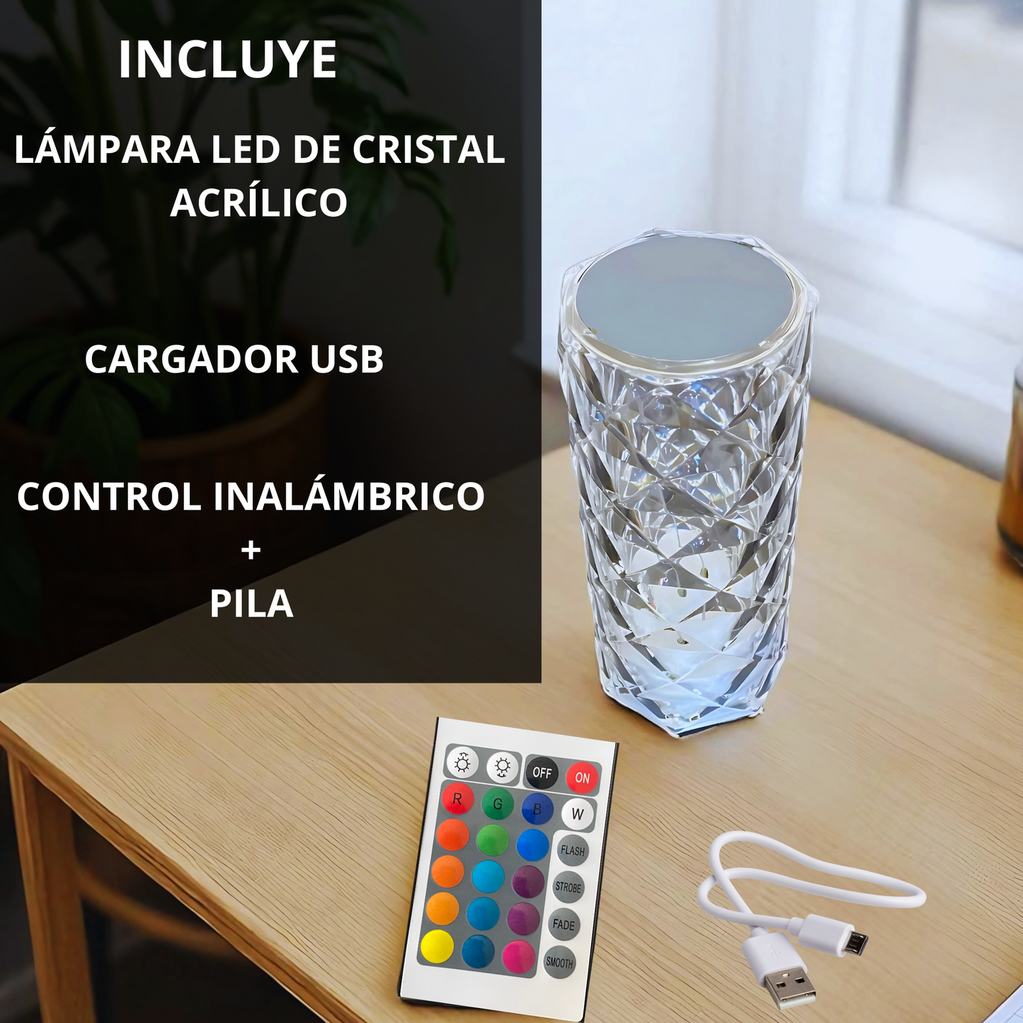 Lampara led de cristal acrílico con proyección de rosa y 16 colores