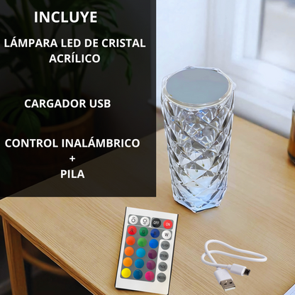Lampara led de cristal acrílico con proyección de rosa y 16 colores